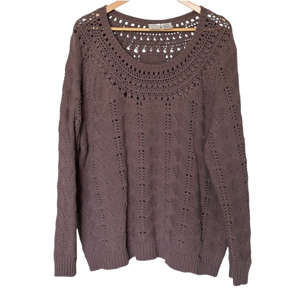 Roaman's Crochet Knit Sweater Womens 1X Mauve Brown Open Knit Pointelle Boho